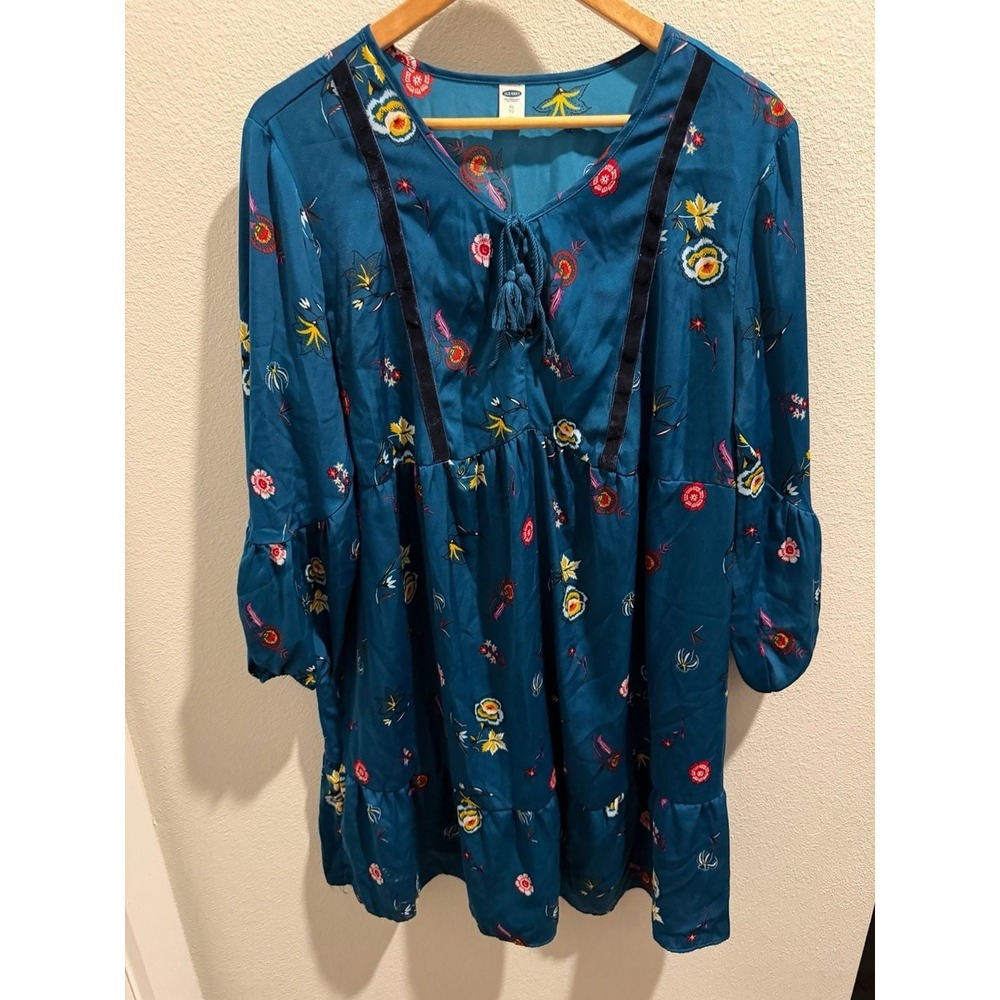 Old Navy Floral Print Tassel Tie Tiered Dress Teal Blue Velvet Trim Womens XL